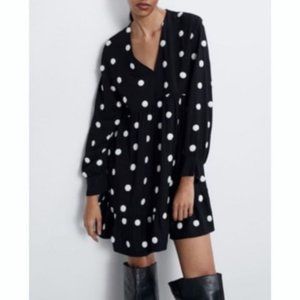 Zara draped mini dress embroidered polka dot boho with ruffle bottom.
